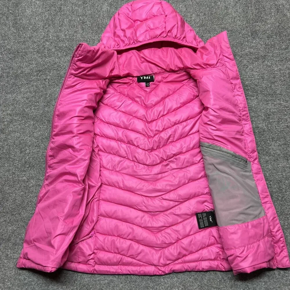 YMI Puffer Vest Juniors Large Pink Hooded Quilted Insulated Lightweight Zip